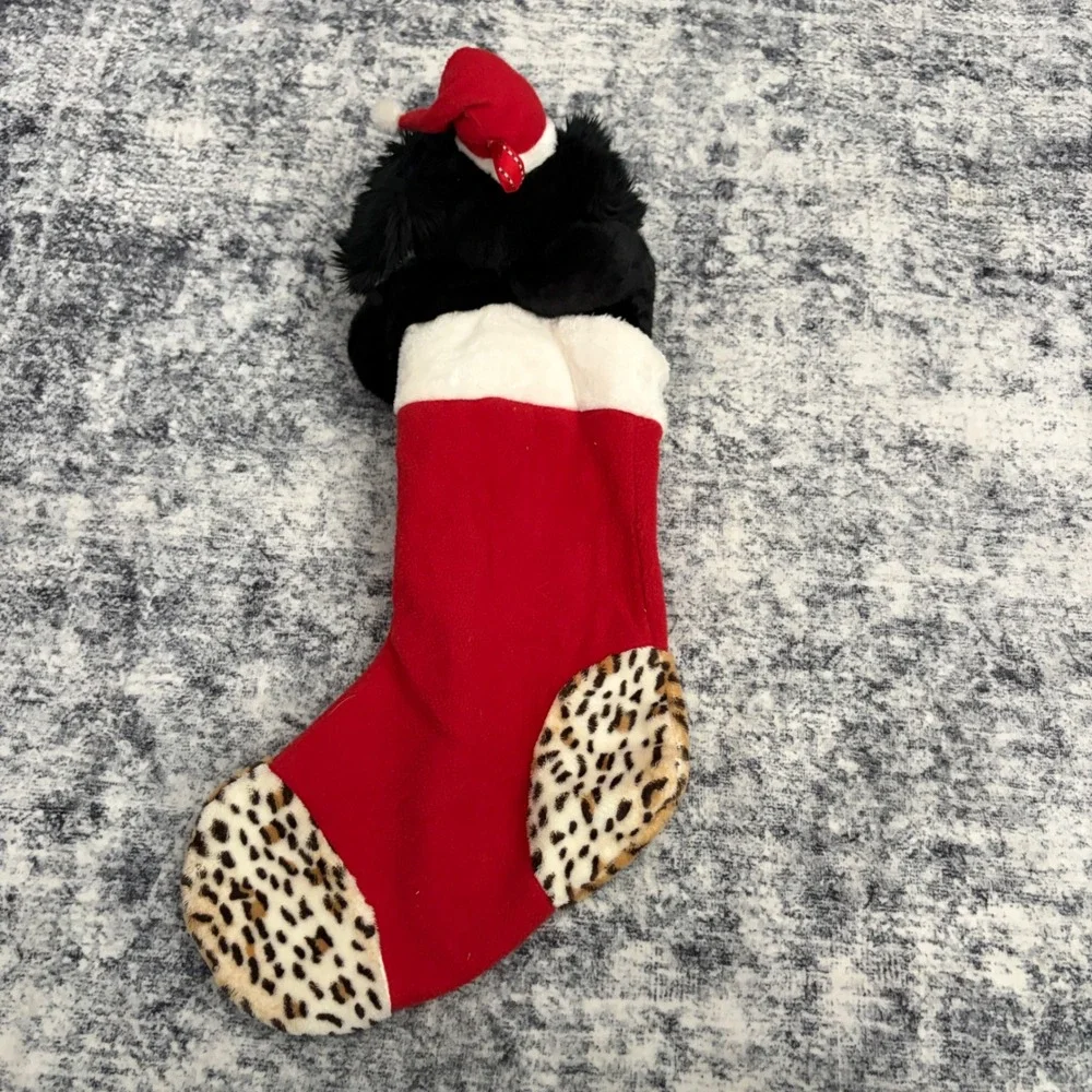 Russ Black Lab Puppy Dog 3D Plush Christmas Stocking Leopard Print Holiday Decor